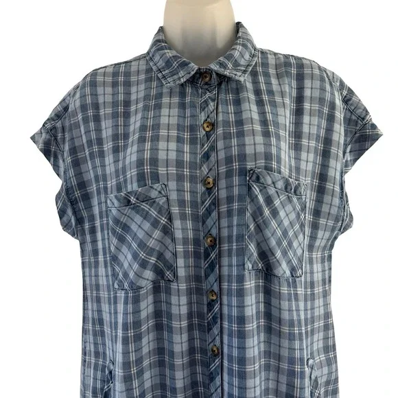 Billy T Shirt Dress Womens Medium Blue Plaid Button Front Pockets Midi Casual - Picture 6 of 16